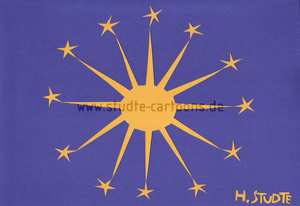 Symbol EU, Europaflagge, Kranz von zwölf goldenen fünfzackigen Sternen auf azurblauem Hintergrund, Krone von zwölf Sternen, Festtag der Unbefleckten Empfängnis Marias am 8. Dezember, Vollkommenheit und Vollständigkeit